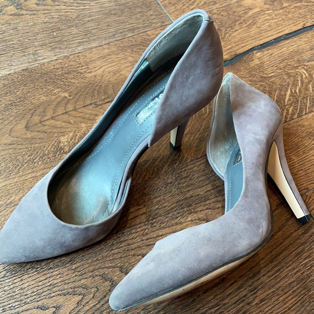 Gently worn gray suede heels